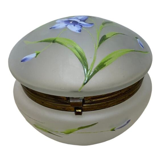 Vintage Hand Painted Clear Frost Hinge Lid Vanity Jar Floral Good Used Condition - Picture 1 of 9